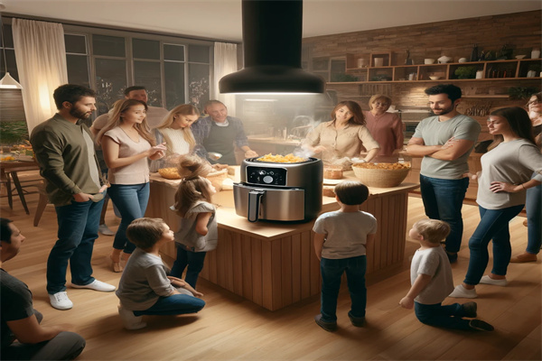 A mixed group of people eagerly gathers around an air fryer in a kitchen.