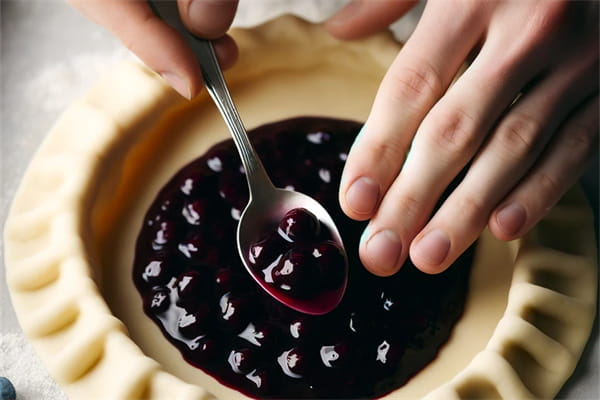 Placement of blueberry pie filling in dough circles.